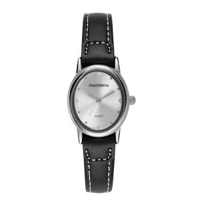 Relógio Feminino Oval Cristais Preto de Couro com Fundo Prata Mondaine