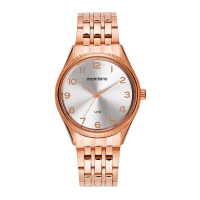 Relógio Feminino Numeração Completa Rose Gold Analógico em Aço Inox com Mostrador Prateado Dourado