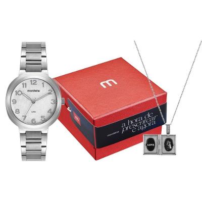 Kit Relógio Feminino Moda Analógico Aço Inox com Escapulário Prata Mondaine