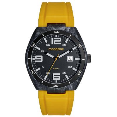 Relógio Masculino Detalhes em Carbono Pulseira em Silicone Amarela Analógico Mondaine