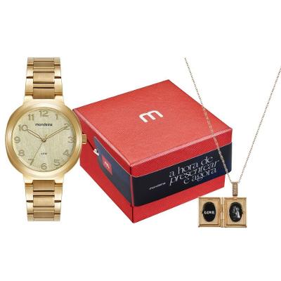Kit Relógio Feminino Dourado Textura Metálica Aço Inox Mondaine