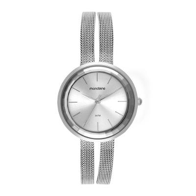 Relógio Feminino Malha Dupla Efeito Metálico Analógico Aço Inox Prata Mondaine 32MM