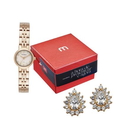 Kit Relógio Feminino Moda Analógico com Brincos Aço Inox Dourado Mondaine