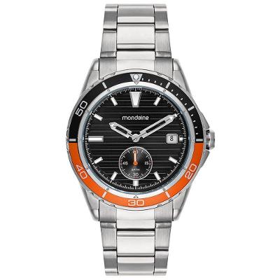 Relógio Masculino Prata com Mostrador Preto Analógico Aço Inox Resistente 5 ATM Mondaine