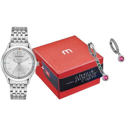 Kit Relógio Feminino Moda Analógico Aço Inox com Cristais Coloridos Prata Mondaine