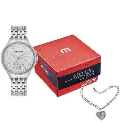 Kit Relógio Feminino Cromado Glitter Bracelete de Coração Analógico Aço Inox Prata Mondaine