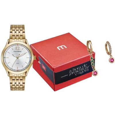 Kit Relógio Feminino Moda Analógico Aço Inox Cristais Coloridos Dourado Mondaine 40MM