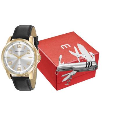 Kit Relógio Masculino Canivete Multifuncional Social em Couro Sintético Dourado Mondaine