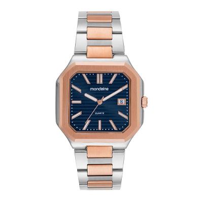 Relógio Masculino Quadrado Calendário Rose Slim em Aço Inox com Mostrador Azul Mondaine 42MM