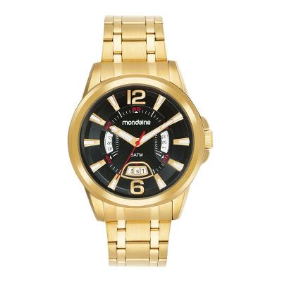 Relógio Masculino Calendário Clássico com Pulseira de Aço Inox Dourado Mondaine