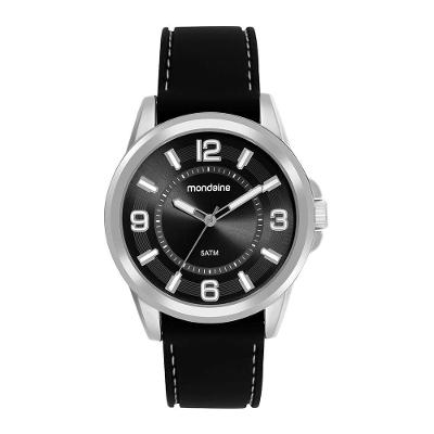 Relógio Masculino Preto Silicone Fivela Caixa Prata Analógico Mondaine 45MM
