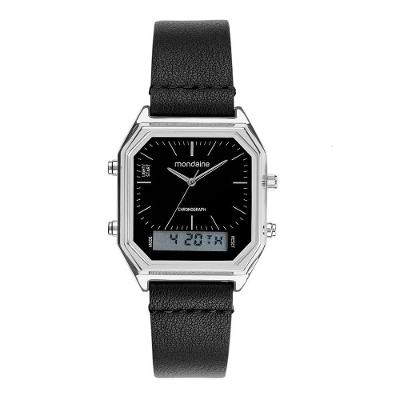 Relógio Masculino Quadrado Prata Anadigi Couro com Alarme Preto Mondaine 32X40MM
