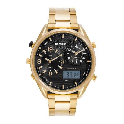 Relógio Masculino Anadigi Dourado Analógico e Digital com Pulseira Aço Inox LED Mondaine