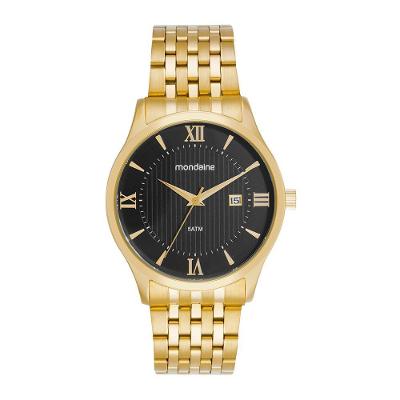 Relógio Masculino Clássico Mostrador Preto Marcações Romanas em Aço Inox Dourado Mondaine