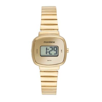 Relógio Feminino Quadrado Digital Caixa Pequena em Aço Inox Dourado Mondaine 27MM