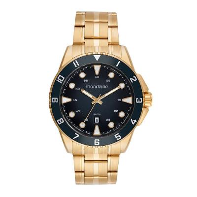 Relógio Masculino Calendário Aço Inox Fundo Rosca Dourado Mondaine