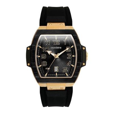Relógio Masculino Caixa Formato Barril Analógico em Silicone Preto e Dourado Mondaine 42MM