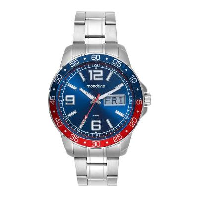 Relógio Masculino Anadigi Analógico e Digital em Aço Inox Prata com Mostrador Azul Mondaine 46MM