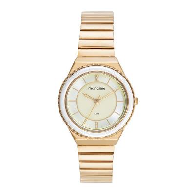Relógio Feminino Caixa Media Catraca em Ceramica Analógico em Aço Inox Dourado Mondaine 32MM