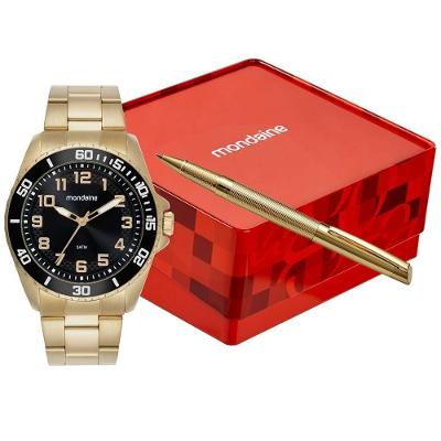 Relógio Masculino Kit Dourado Fundo Preto Analógico Aço Inox Resistente 5 ATM Mondaine