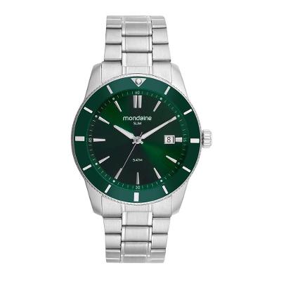 Relógio Masculino Calendário Analógico em Aço Inox com Mostrador Verde Prata Mondaine 42MM