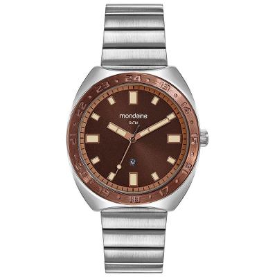 Relógio Masculino Caixa Cushion Calendário Analógico em Aço Inox Marrom Mondaine 39MM