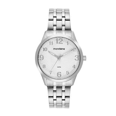Relógio Feminino Textura Numeração Completa Analógico Aço Inox Prata Mondaine