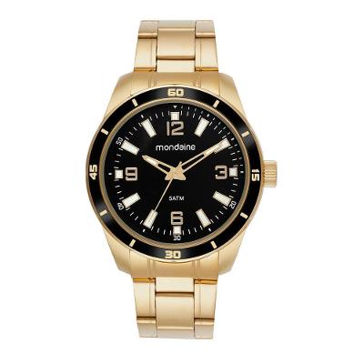 Relógio Masculino Clássico Aço Inox Mostrador Preto Dourado Mondaine