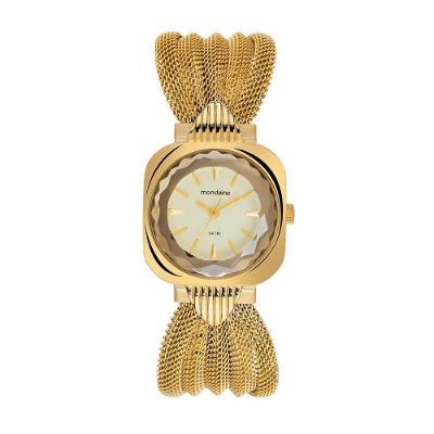 Relógio Feminino Quadrado Dourado em Aço com Vidro Facetado e Fecho Dobrável Mondaine