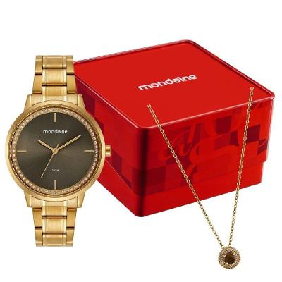 Relógio Feminino Kit Dourado Mostrador Marrom com Pulseira Aço Inox Mondaine