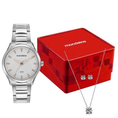 Kit Relógio Feminino Clássico com Colar e Brincos Aço Inox Prata Mondaine