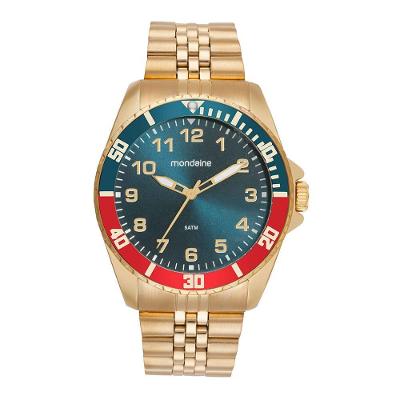 Relógio Masculino Index Clássico em Aço Inox Azul Dourado Mondaine