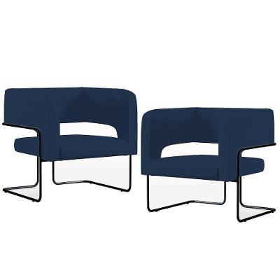 Kit 02 Poltronas Base De Aço Preto Veludo Azul Marinho C-304
