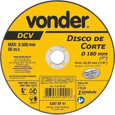 Disco de Corte DCV Tipo 41 para Aços e Ligas Inox Vonder 180MM X 1,6MM X 22,23MM 8500 RPM