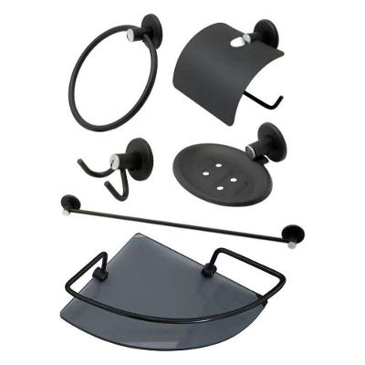 Kit de Acessórios para Banheiro 6 Peças com Porta Shampoo Vidro Temperado Preto Fosco OEM
