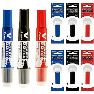 Kit 3 Pincel para Quadro Branco V-board Master com 6 Refis Preto Azul Vermelho Pilot