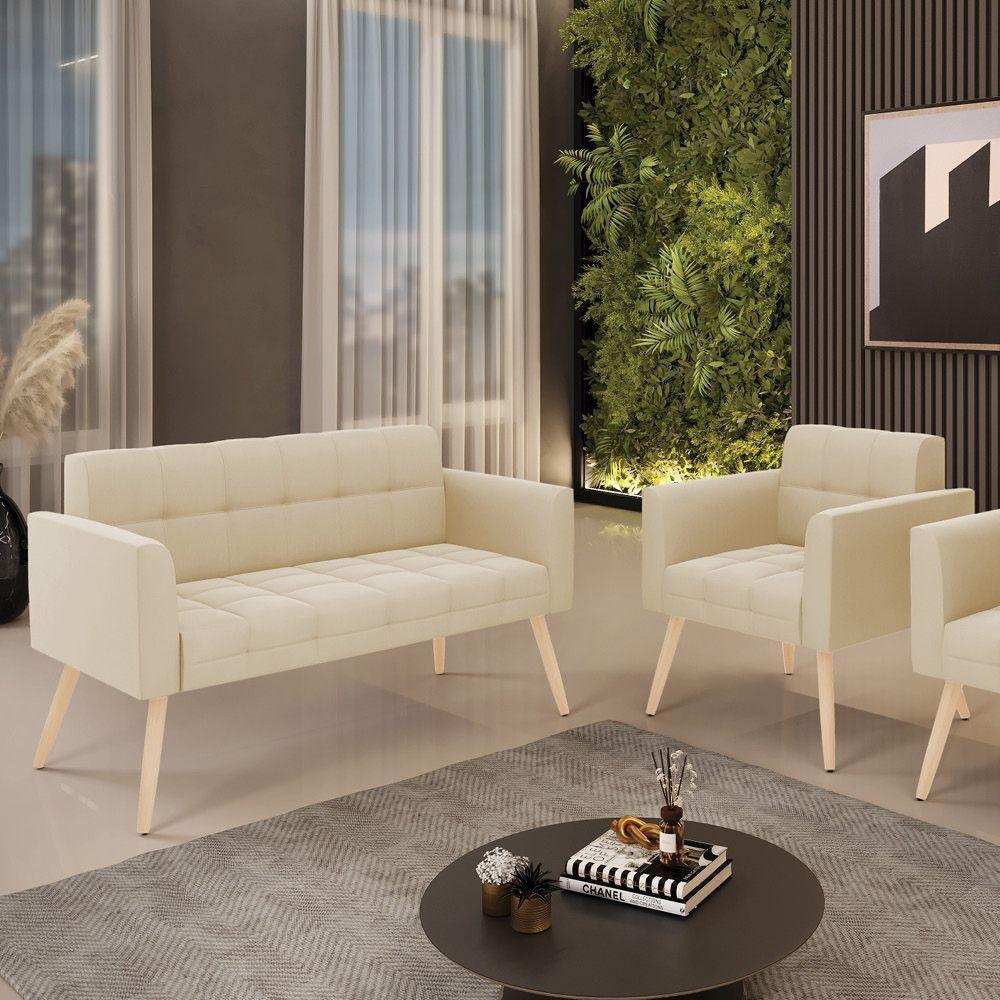 Kit 1 Sofá Namoradeira E 1 Poltrona Elisa Suede Pés Palito Natural - D'rossi Cor Bege - 4