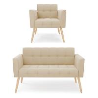 Kit 1 Sofá Namoradeira E 1 Poltrona Elisa Suede Pés Palito Natural - D'rossi Cor Bege - 1