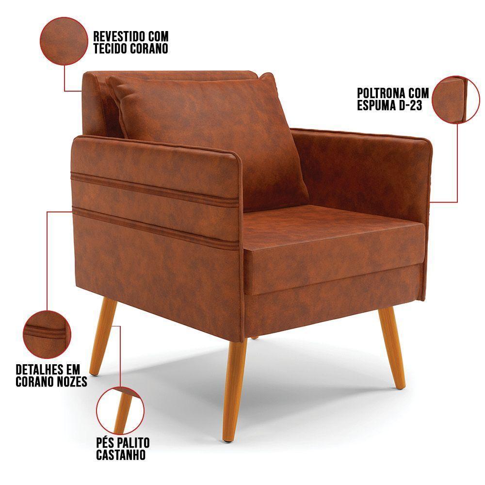 Kit 01 Namoradeira 02 Lugares E 01 Poltrona Mari Corano Nozes Pés Palito Castanho - D'rossi - 4