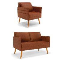 Kit 01 Namoradeira 02 Lugares E 01 Poltrona Mari Corano Nozes Pés Palito Castanho - D'rossi - 1