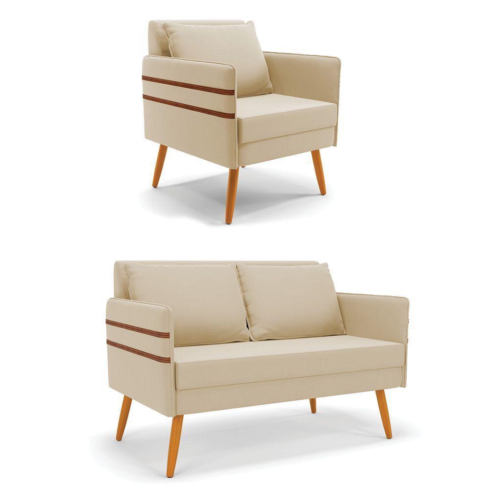 Kit 01 Namoradeira 02 Lugares E 01 Poltrona Mari Suede Bege Pés Palito Castanho - D'rossi - 1