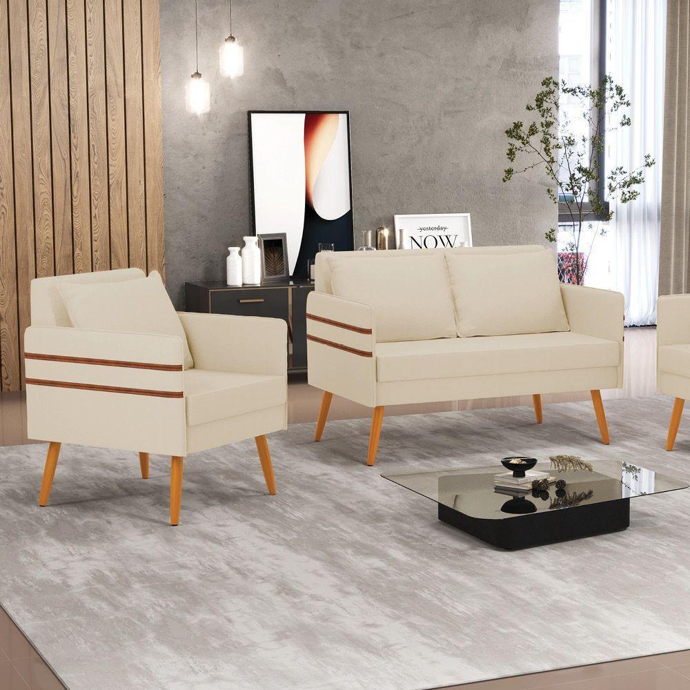 Kit 01 Namoradeira 02 Lugares E 01 Poltrona Mari Linho Pés Palito Castanho - D'rossi Cor A19 Bege - 8