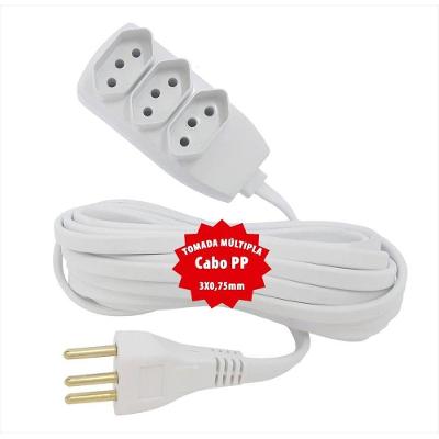Extensão Elétrica PP 3x0,75mm2 5m com Plugue 2P+T Branco Lider Plus