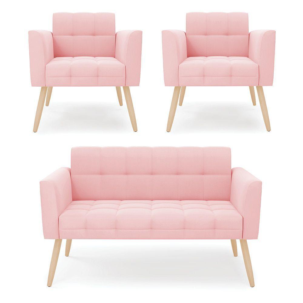 Kit 1 Sofá Namoradeira E 2 Poltronas Elisa Suede Rosa Bebê Pés Palito Natural - D'rossi - 1