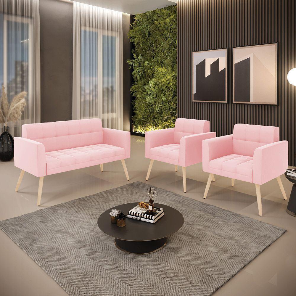 Kit 1 Sofá Namoradeira E 2 Poltronas Elisa Suede Rosa Bebê Pés Palito Natural - D'rossi - 4