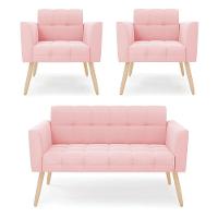 Kit 1 Sofá Namoradeira E 2 Poltronas Elisa Suede Rosa Bebê Pés Palito Natural - D'rossi - 1