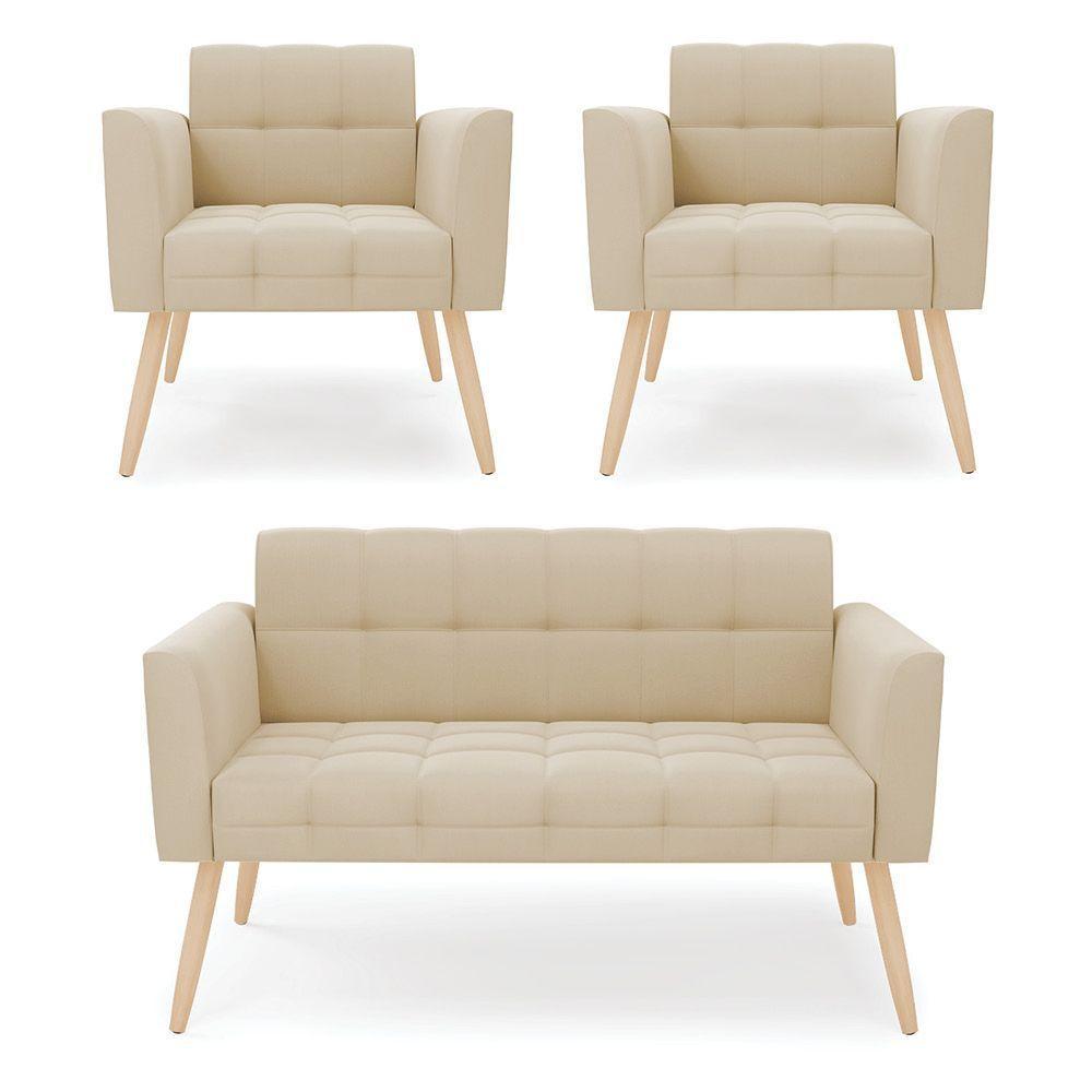 Kit 1 Sofá Namoradeira E 2 Poltronas Elisa Suede Bege Pés Palito Natural - D'rossi - 1