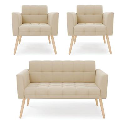 Kit 1 Sofá Namoradeira E 2 Poltronas Elisa Suede Bege Pés Palito Natural - D'rossi