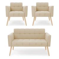 Kit 1 Sofá Namoradeira E 2 Poltronas Elisa Suede Bege Pés Palito Natural - D'rossi - 1