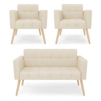 Kit 1 Sofá Namoradeira E 2 Poltronas Elisa Linho Pés Palito Natural - D'rossi Cor A19 Bege - 1